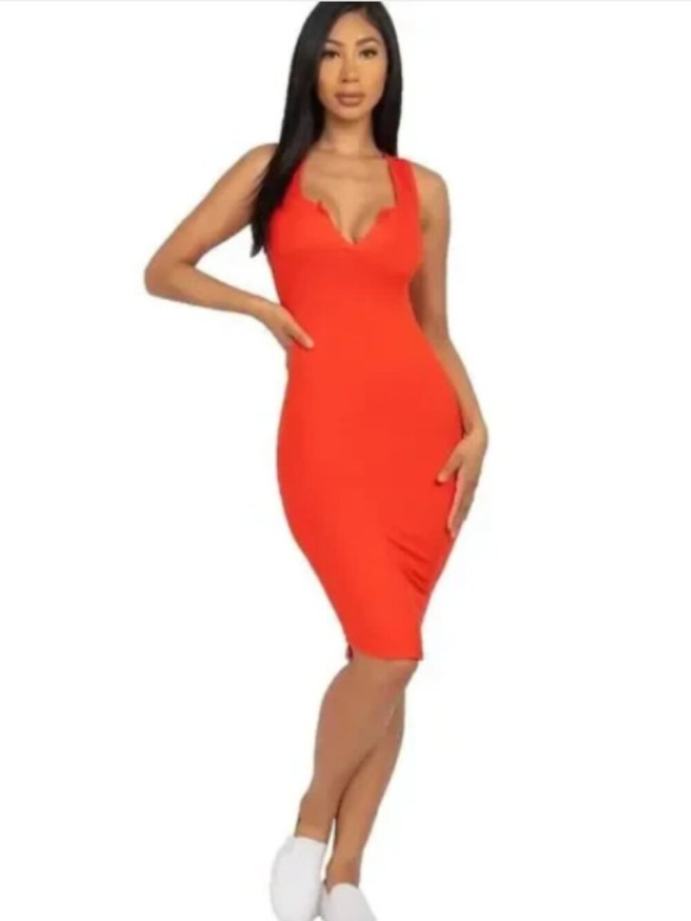 NEW Capella Medium Red / Orange Pencil Dress Split Neck Stretch Bodycon Clubbing